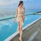 Temperament, Sexy, Slim Fit, Three-dimensional Flower, Ruffle Edge, Strap, Hollow Out Dress