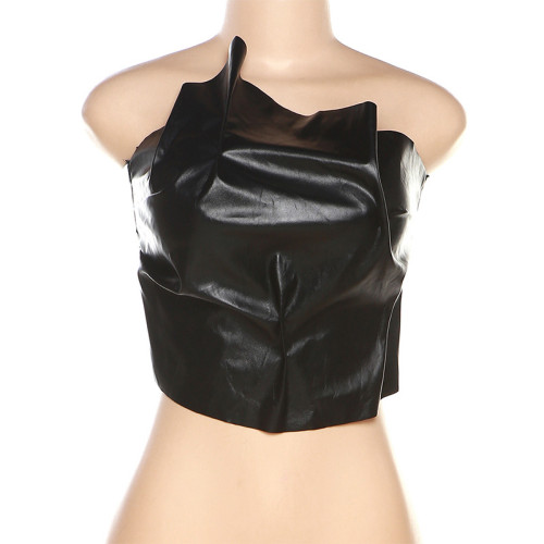 Fashionable and sexy PU faux leather solid color bra pleated and slim fitting street top