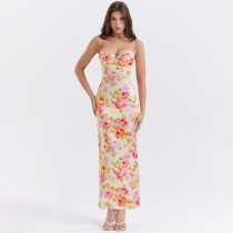 Elegant and high-end fashion long dress with floral print and sexy chest revealing dress