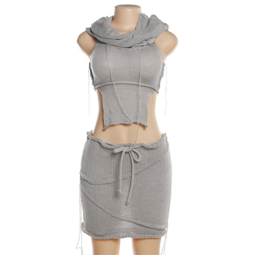 Sexy Hollow out Knitted Hooded Top High Waist Wrapped Hip Short Skirt Set