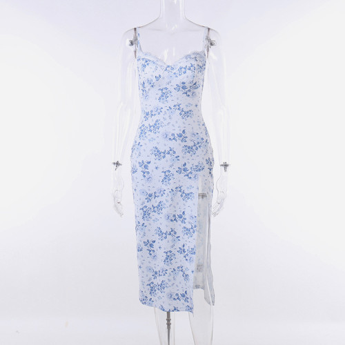 Eyelash lace split floral suspender dress