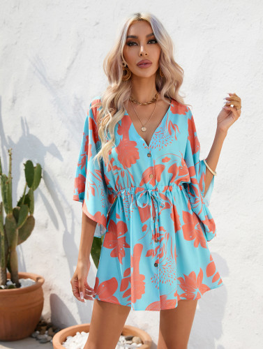 Summer Leaf Print 3/4 Sleeve Dress