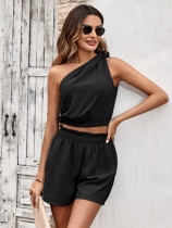 Fashion diagonal shoulder solid color slim fitting women's set