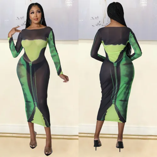 Fashionable and sexy mesh printed long sleeved medium length women's dress