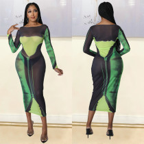 Fashionable and sexy mesh printed long sleeved medium length women's dress