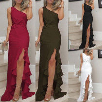 SPLIT RUFFLE HEM BIG EVENING DRESS