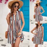 Stripe patchwork V-neck short skirt dress