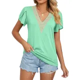 Gold lace V-neck tile short sleeved solid T-shirt top
