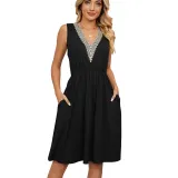 Solid V-neck lace patchwork sleeveless pocket waist up dress