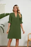 Solid V-neck Loose Pleated 5/4 Sleeve Dress