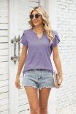 Fashion V-neck button cut out loose fitting short sleeved T-shirt top