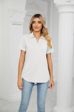 Solid color short sleeved lapel pocket loose T-shirt top for women