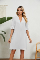 Solid V-neck Loose Pleated 5/4 Sleeve Dress