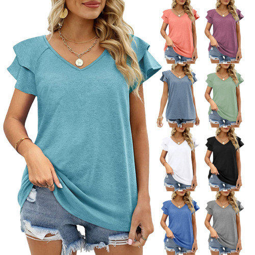Solid V-neck Double Ruffle Sleeve Loose Top T-shirt