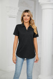 Solid color short sleeved lapel pocket loose T-shirt top for women