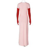 Contrast color patchwork sleeves, round neck long dress, fashionable and elegant dress