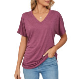 Casual Pullover V-Neck Solid Loose T-shirt Women's Top