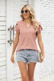 Fashion V-neck button cut out loose fitting short sleeved T-shirt top