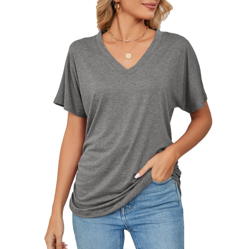 Casual Pullover V-Neck Solid Loose T-shirt Women's Top