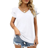 Solid V-neck Double Ruffle Sleeve Loose Top T-shirt