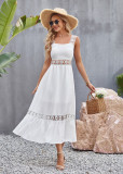 Solid cut out lace patchwork square neck sleeveless suspender dress