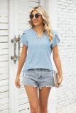 Fashion V-neck button cut out loose fitting short sleeved T-shirt top