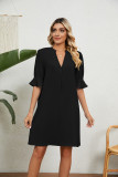 Solid V-neck Loose Pleated 5/4 Sleeve Dress