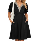 Solid lace patchwork V-neck short sleeve pocket waist up dress