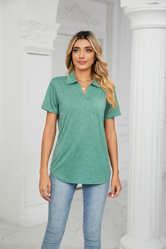 Solid color short sleeved lapel pocket loose T-shirt top for women