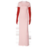 Contrast color patchwork sleeves, round neck long dress, fashionable and elegant dress