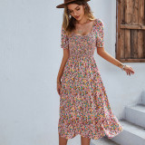 Bohemian printed dress with round neck and large swing skirt