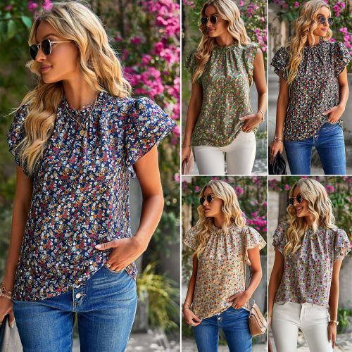 Loose casual top with floral round neck shirt