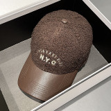 Lamb cashmere embroidered letter leather brim cap Baseball cap