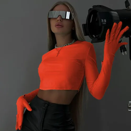 Solid Slim Fit Open Umbilical Round Neck Long Sleeve Glove T-shirt Top