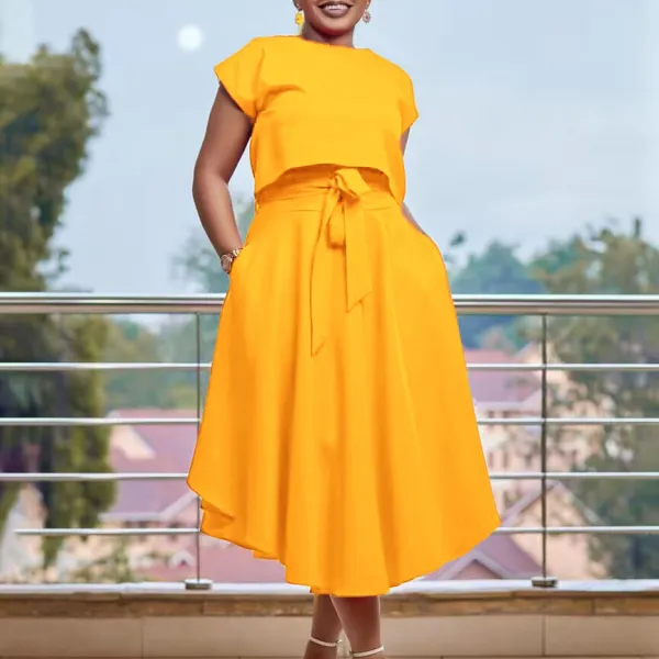 Solid color top large hem half skirt two-piece set