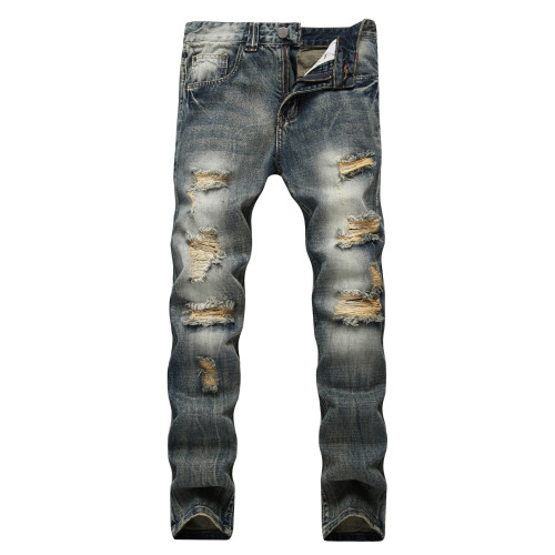 Perforated straight fitting bulletless jeans, tattered men's light denim pants