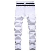 White zippered jeans with black edge decoration and patchwork slim fitting stretch holes for men's casual pants