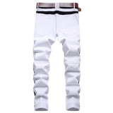 White zippered jeans with black edge decoration and patchwork slim fitting stretch holes for men's casual pants