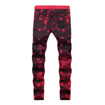 Printed red casual jeans, cotton stretch slim fitting men's pants