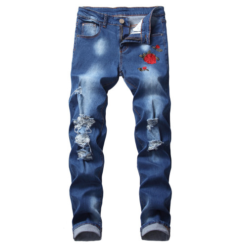 Embroidered Rose Denim Perforated Light Blue Pants Slim Fit Elastic Pants