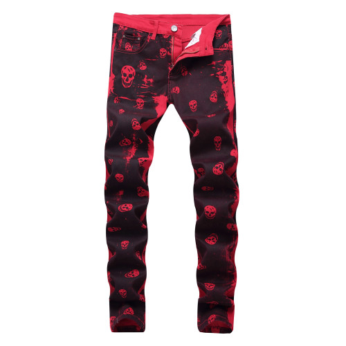 Printed red casual jeans, cotton stretch slim fitting men's pants