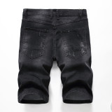 Denim stretch shorts with holes, slim fit, small straight tube men's black gray five point denim shorts