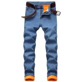 Plush composite warm jeans with straight fitting and thickened men's denim pants