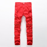 Red zipper decorated casual jeans, white multi zipper high stretch cotton pants
