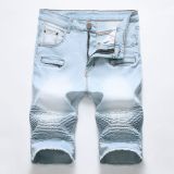 Denim shorts, motorcycle zipper, wrinkled men's denim elastic pants, quarter pants