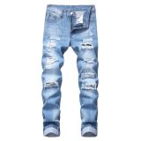 Perforated straight fitting bulletless jeans with multiple tattered men's pants