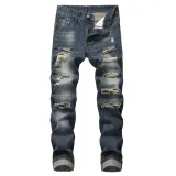 Perforated straight fitting bulletless jeans with multiple tattered men's pants