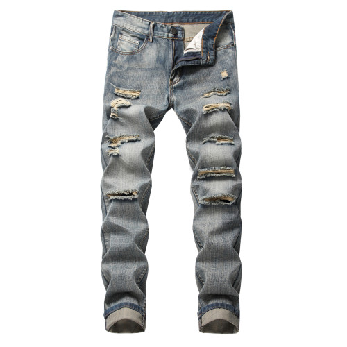 Perforated straight fitting bulletless jeans with multiple tattered men's pants