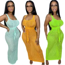 Hollow out slim fitting sexy knit mesh sleeveless dress