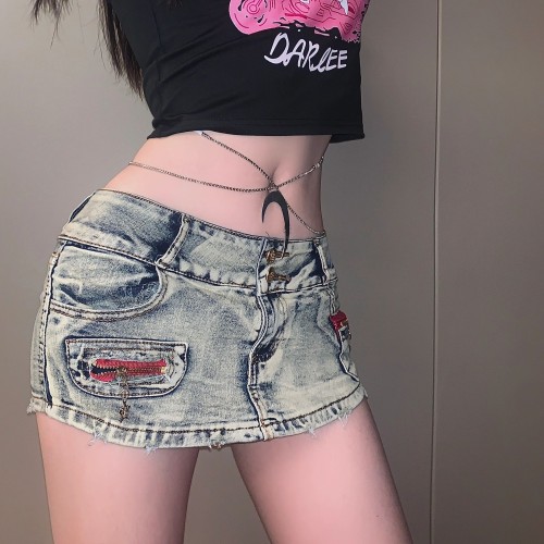 Pear shaped low waisted wash wrap buttocks denim super shorts, pure desire, female niche slimming short skirt